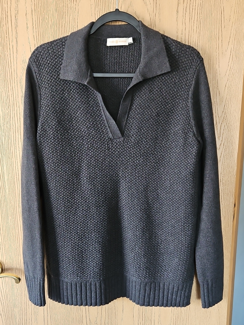 Tory Burch Charcoal V-Neck Textured Polo Sweater